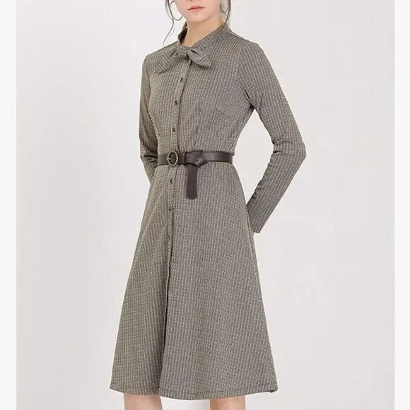 Allegra K Women's Tie Neck Button Up Work Office Plaid Houndstooth Midi Dress  - Picture 2 of 7